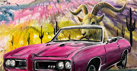 Goat driving a Goat 24x12 original painting