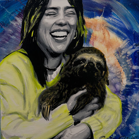 Billie Eilish with Sloth Original painting with proceeds going to care for our rescue animals