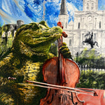 A colorful painted scene showing a green alligator playing a large brown cello, with a white historic building and blue sky in the background.