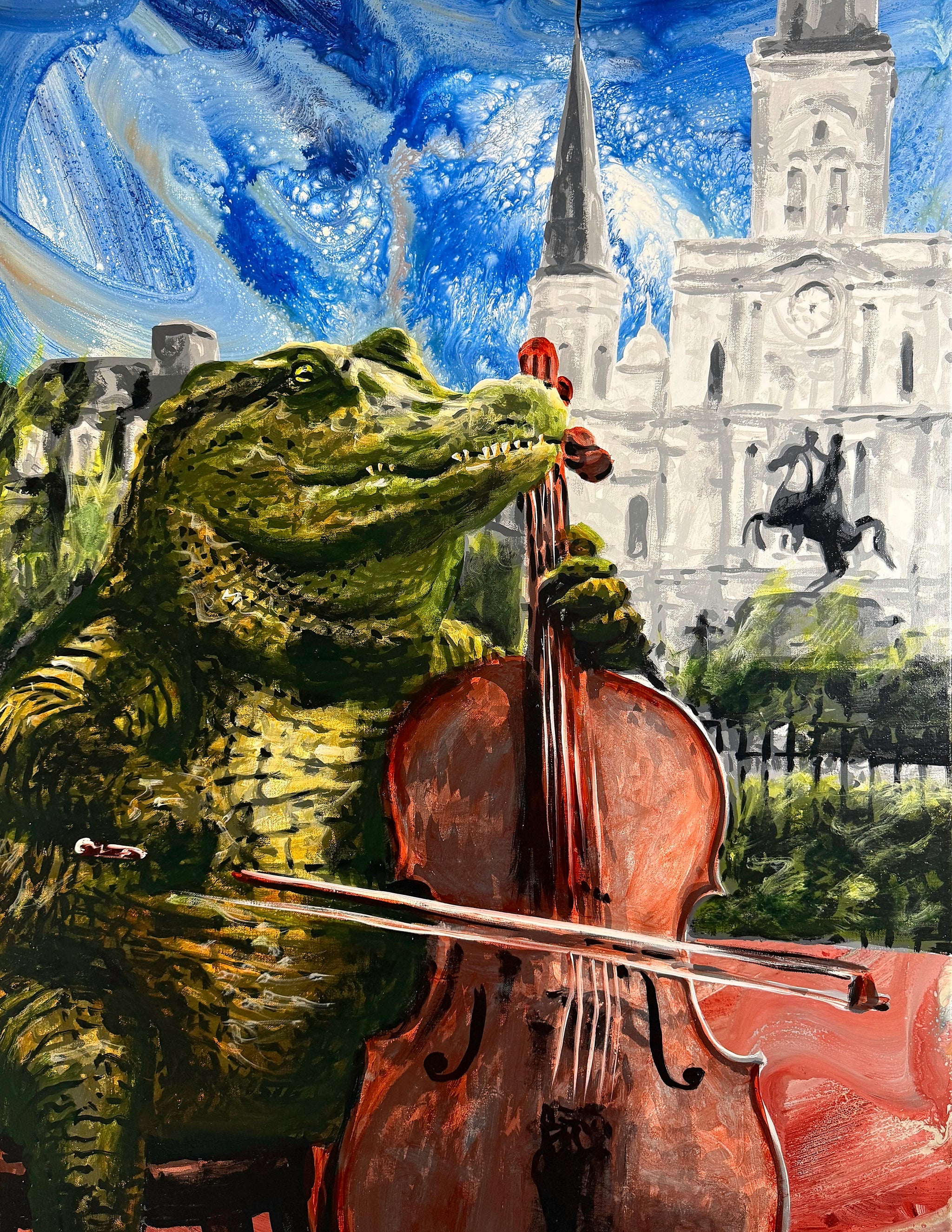 A colorful painted scene showing a green alligator playing a large brown cello, with a white historic building and blue sky in the background.