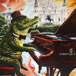 A colorful painting of an alligator wearing a top hat and bow tie, playing a Steinway & Sons grand piano in front of a cityscape with a cathedral and equestrian statue.