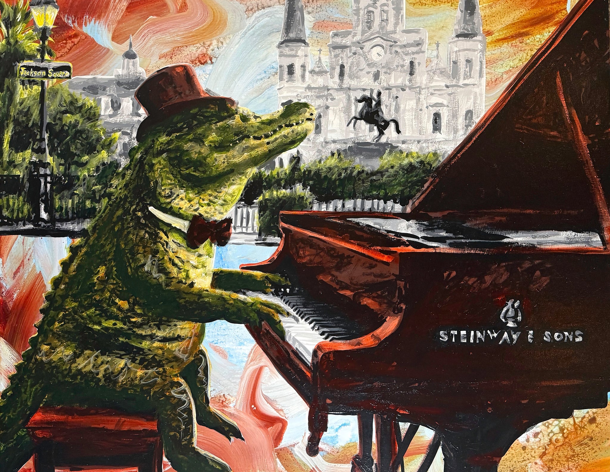 A colorful painting of an alligator wearing a top hat and bow tie, playing a Steinway & Sons grand piano in front of a cityscape with a cathedral and equestrian statue.