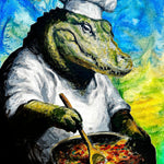 A colorful painted illustration of an alligator dressed as a chef, wearing a white uniform and hat while stirring a pan of food with a wooden spoon. The background is a vivid blue, green, and yellow painterly backdrop.