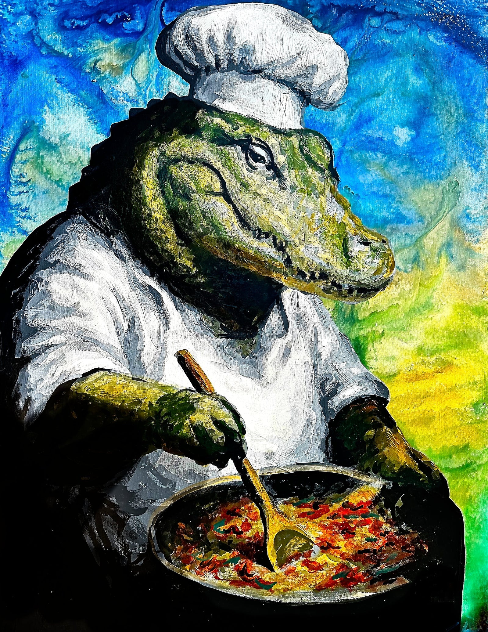 A colorful painted illustration of an alligator dressed as a chef, wearing a white uniform and hat while stirring a pan of food with a wooden spoon. The background is a vivid blue, green, and yellow painterly backdrop.