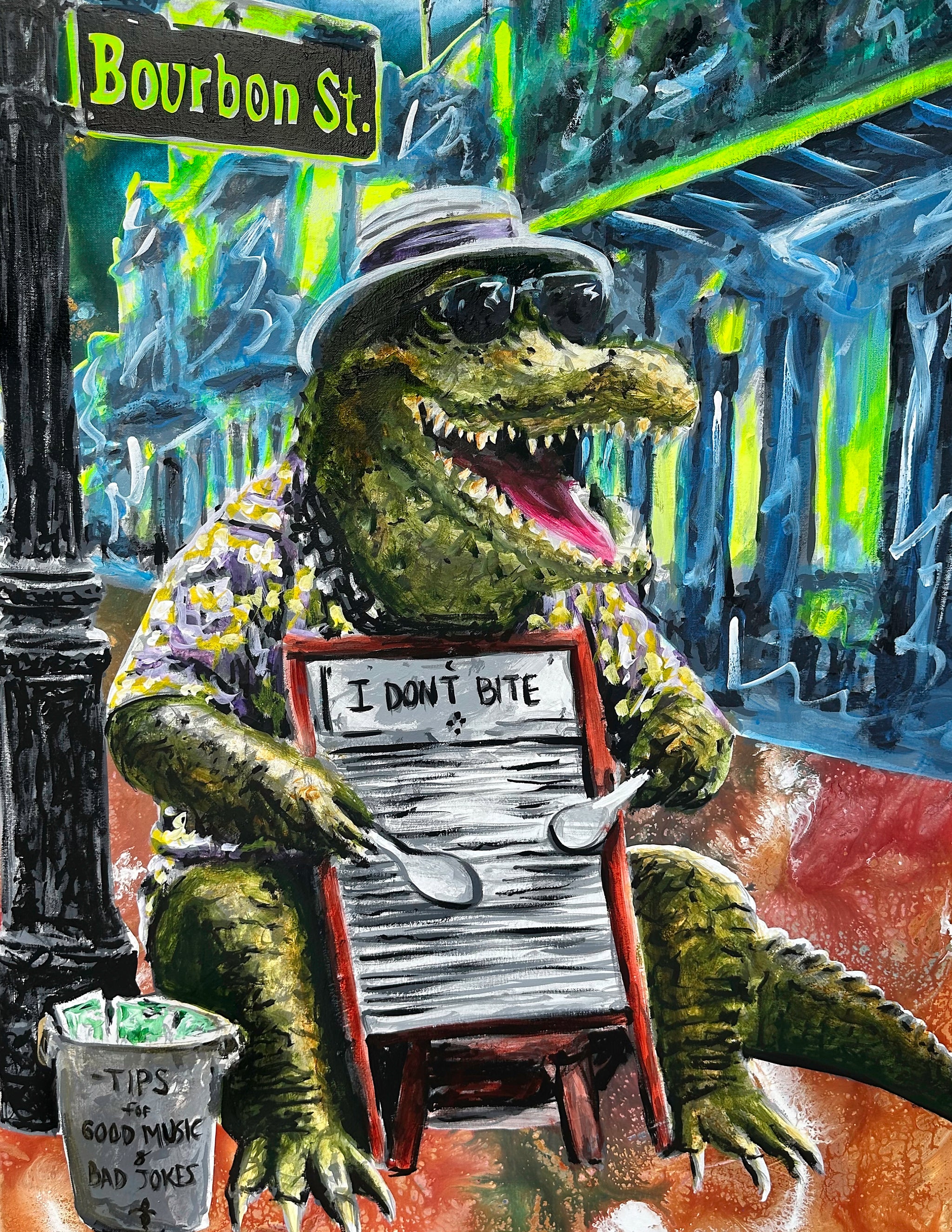 A colorful painted artwork of an alligator dressed in a hat, sunglasses, and patterned shirt sitting at a table with a sign that reads 'I DON'T BITE,' with a street sign reading 'Bourbon St.' in the background.
