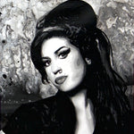 A black and white painting of Amy Winehouse with a beehive hairstyle and winged eyeliner
