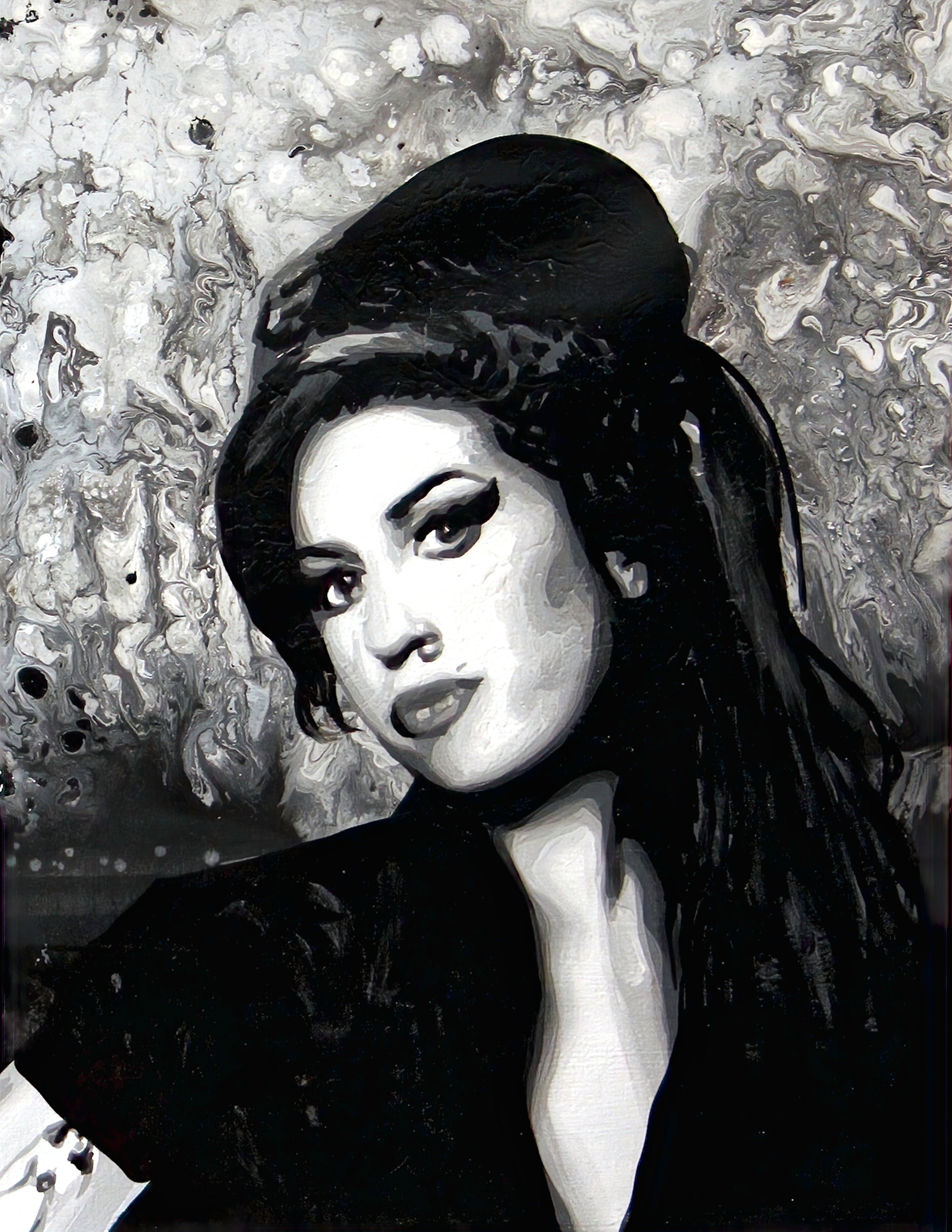 A black and white painting of Amy Winehouse with a beehive hairstyle and winged eyeliner