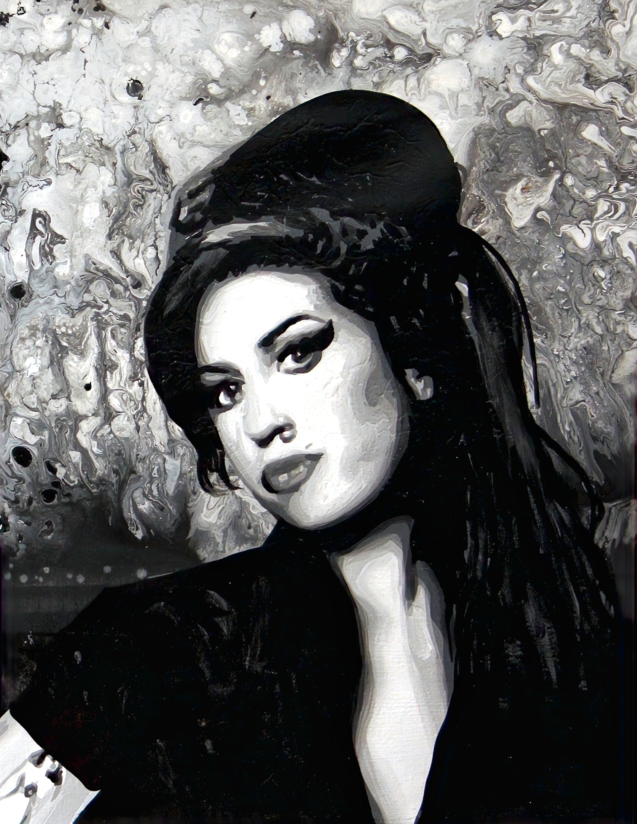 A black and white painting of Amy Winehouse with a beehive hairstyle and winged eyeliner