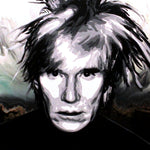 A black and white painting of Andy Warhol with spiky white hair and a green swirl background