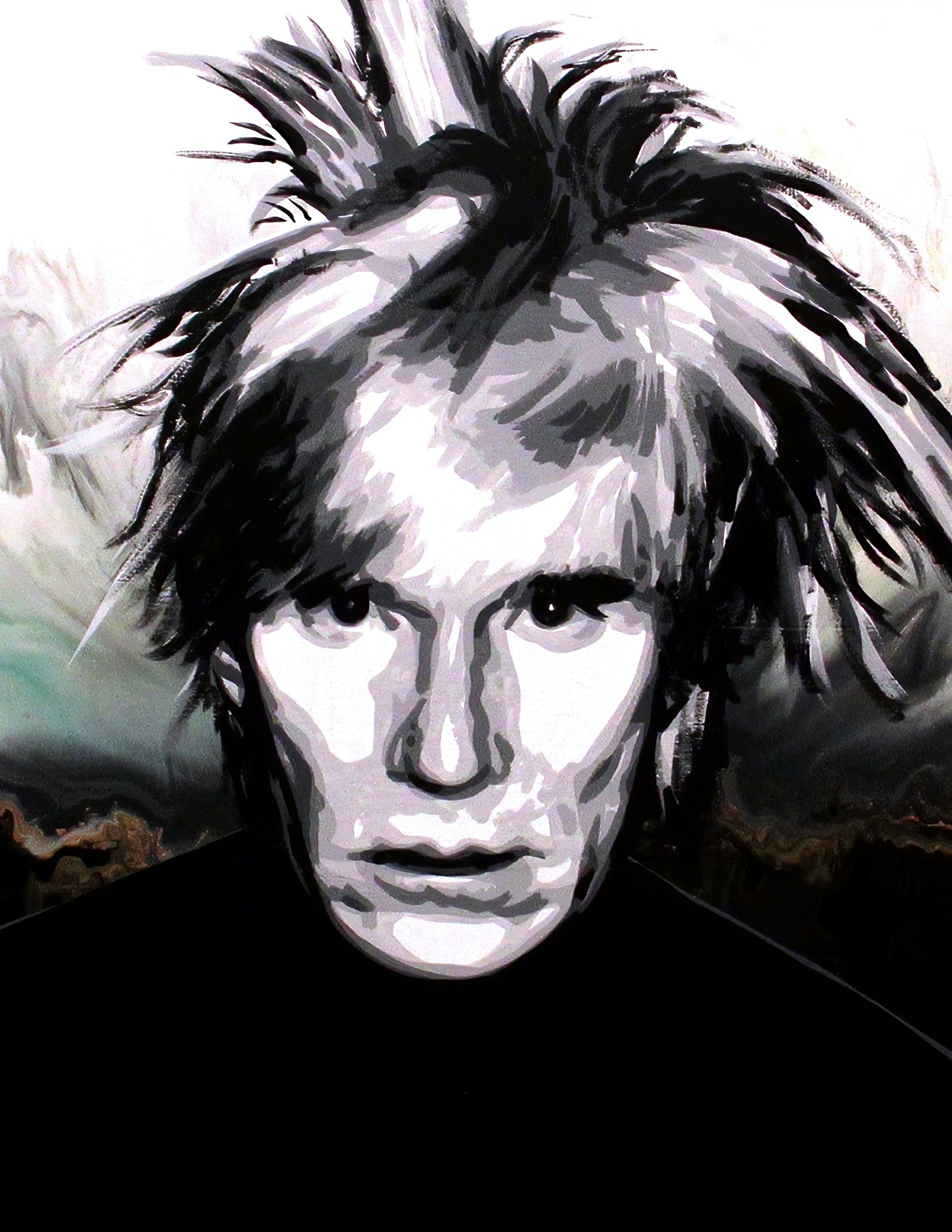 A black and white painting of Andy Warhol with spiky white hair and a green swirl background