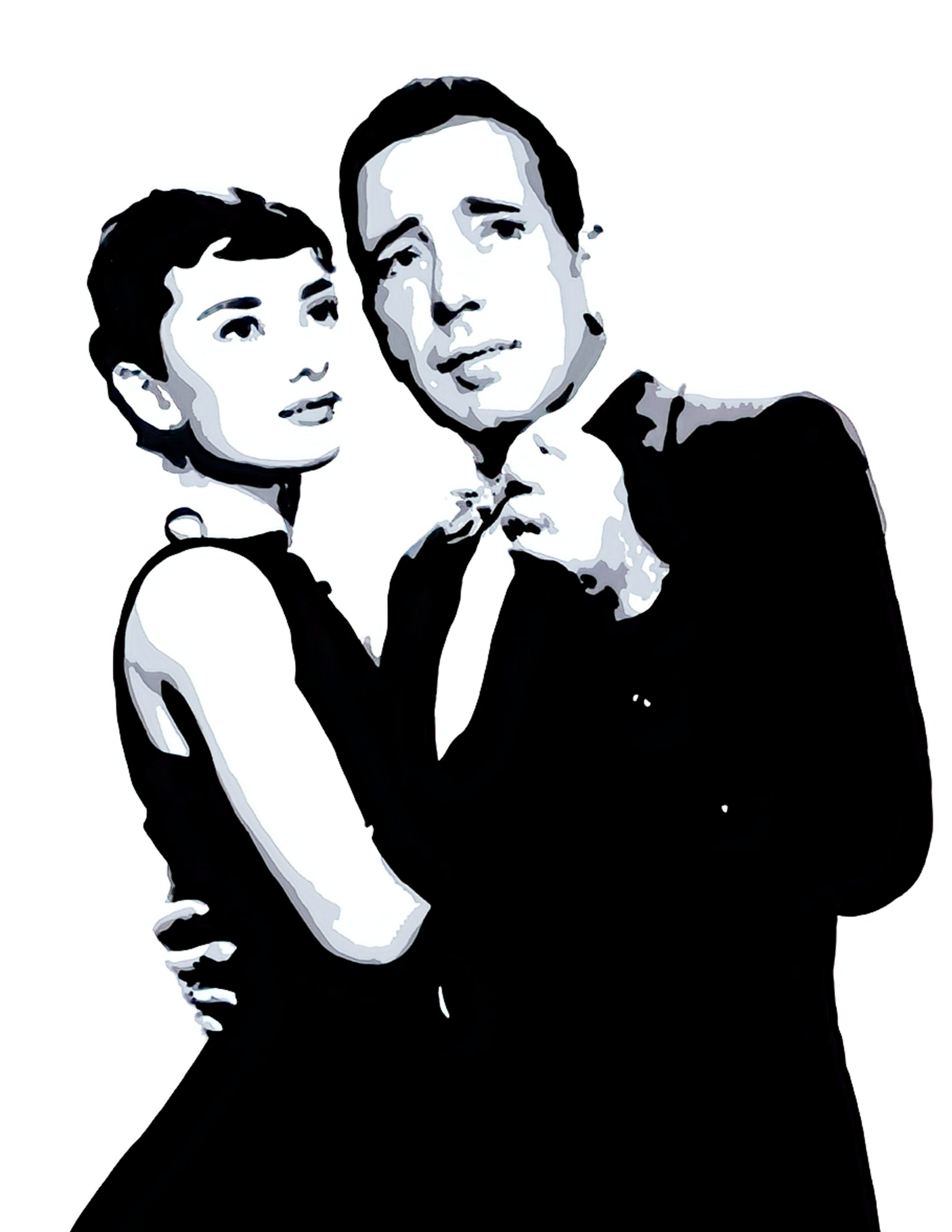 A black and white stencil style painting of Audrey Hepburn and Humphrey Bogart embracing