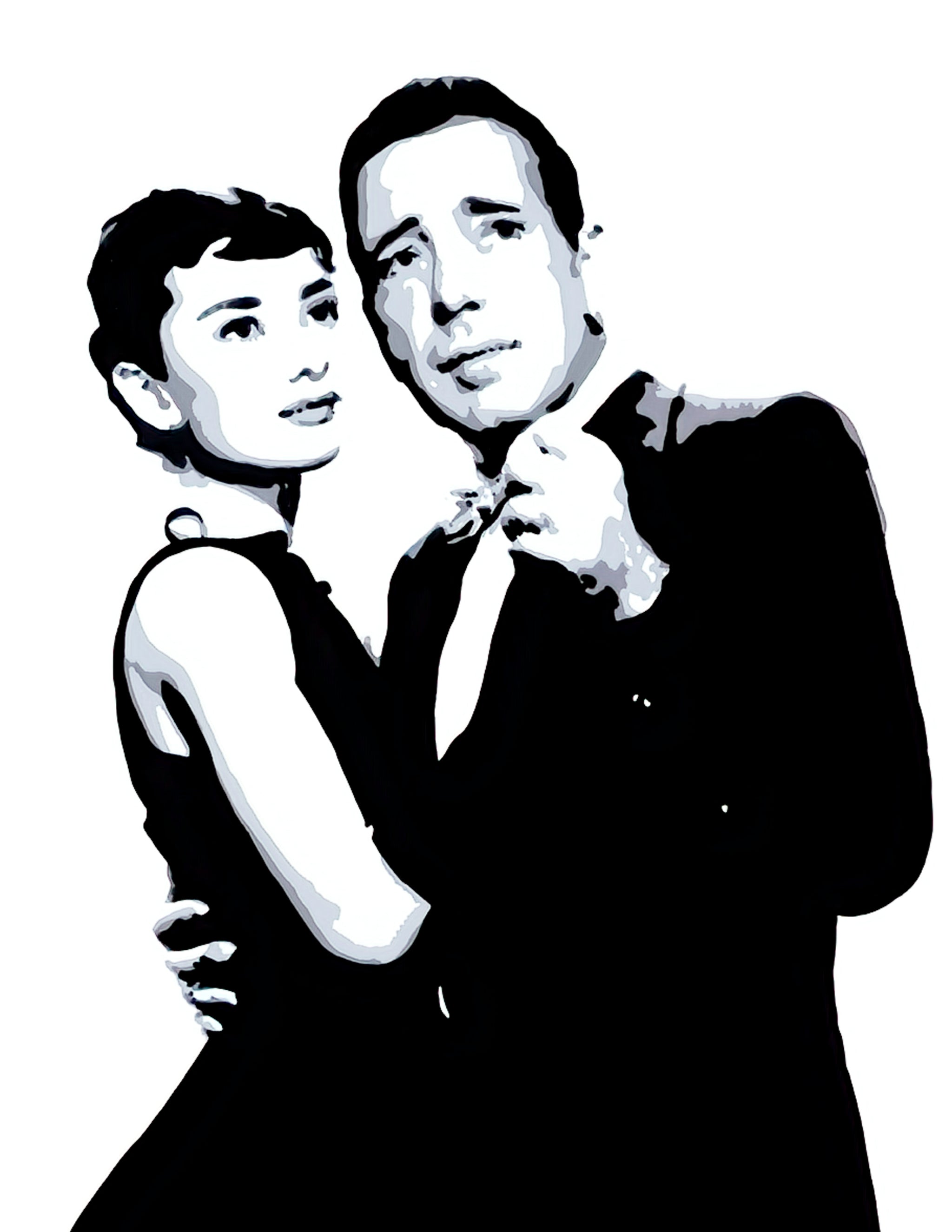 A black and white stencil style painting of Audrey Hepburn and Humphrey Bogart embracing