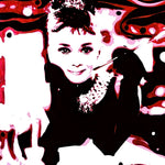 A painting of Audrey Hepburn with a cigarette holder against a pink and red lava lamp swirl background
