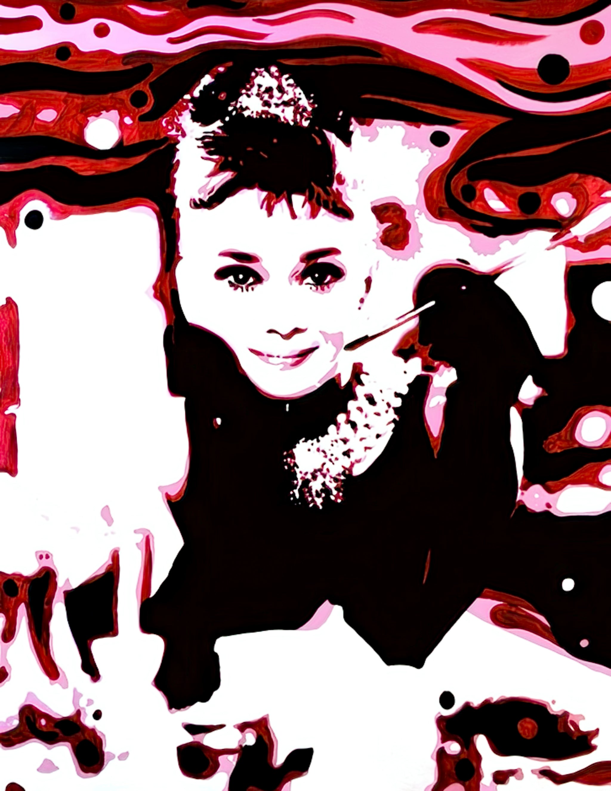 A painting of Audrey Hepburn with a cigarette holder against a pink and red lava lamp swirl background