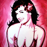 A painting of Bettie Page in a pin up pose against a magenta background