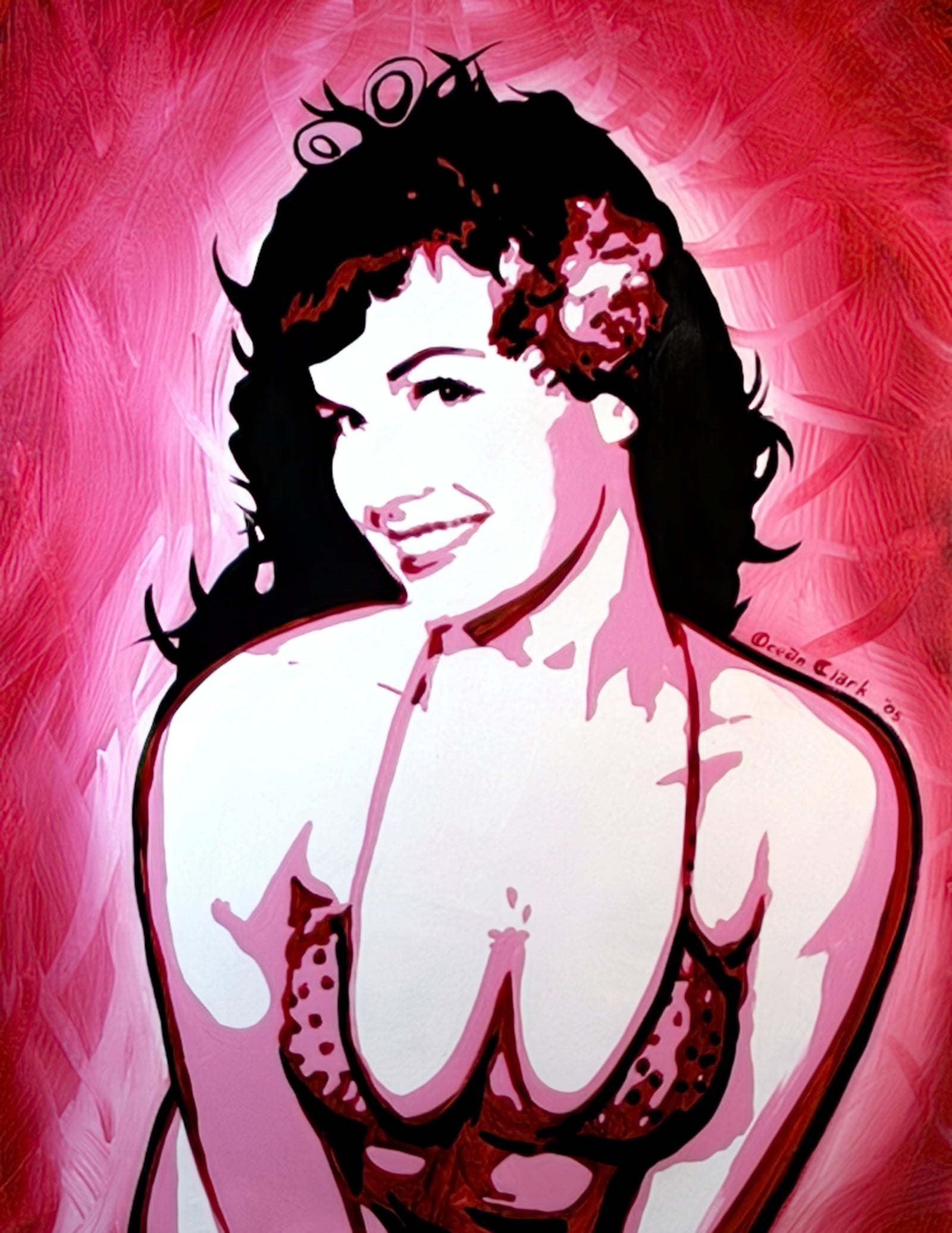 A painting of Bettie Page in a pin up pose against a magenta background