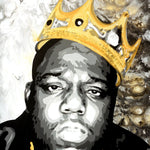 A painting of The Notorious BIG wearing a gold crown against a black, white, and gold marbled background