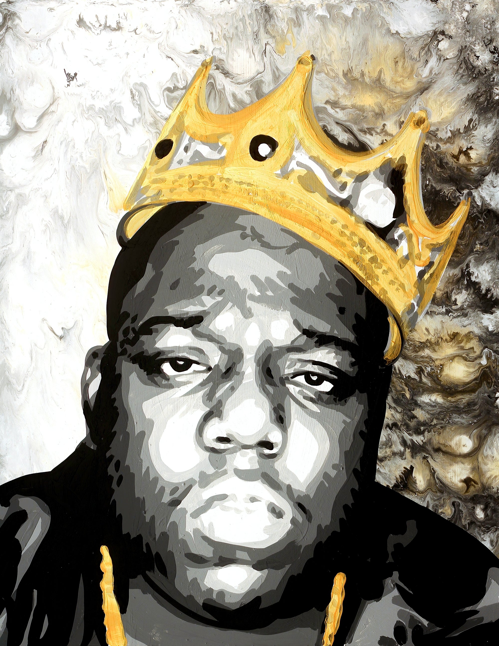 A painting of The Notorious BIG wearing a gold crown against a black, white, and gold marbled background
