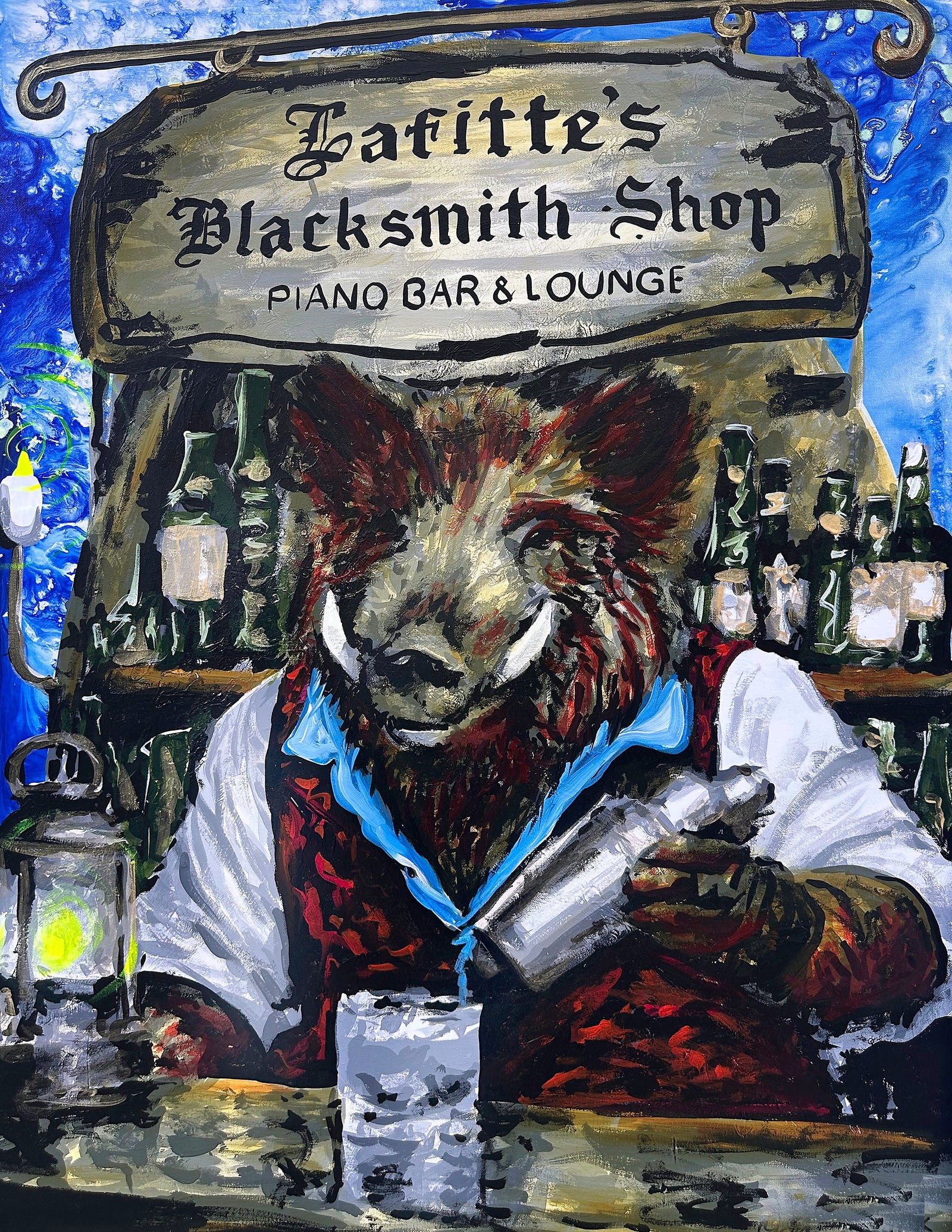 Inspired by the historic Lafitte's bar, this print features a boar behind the bar, tending bar.