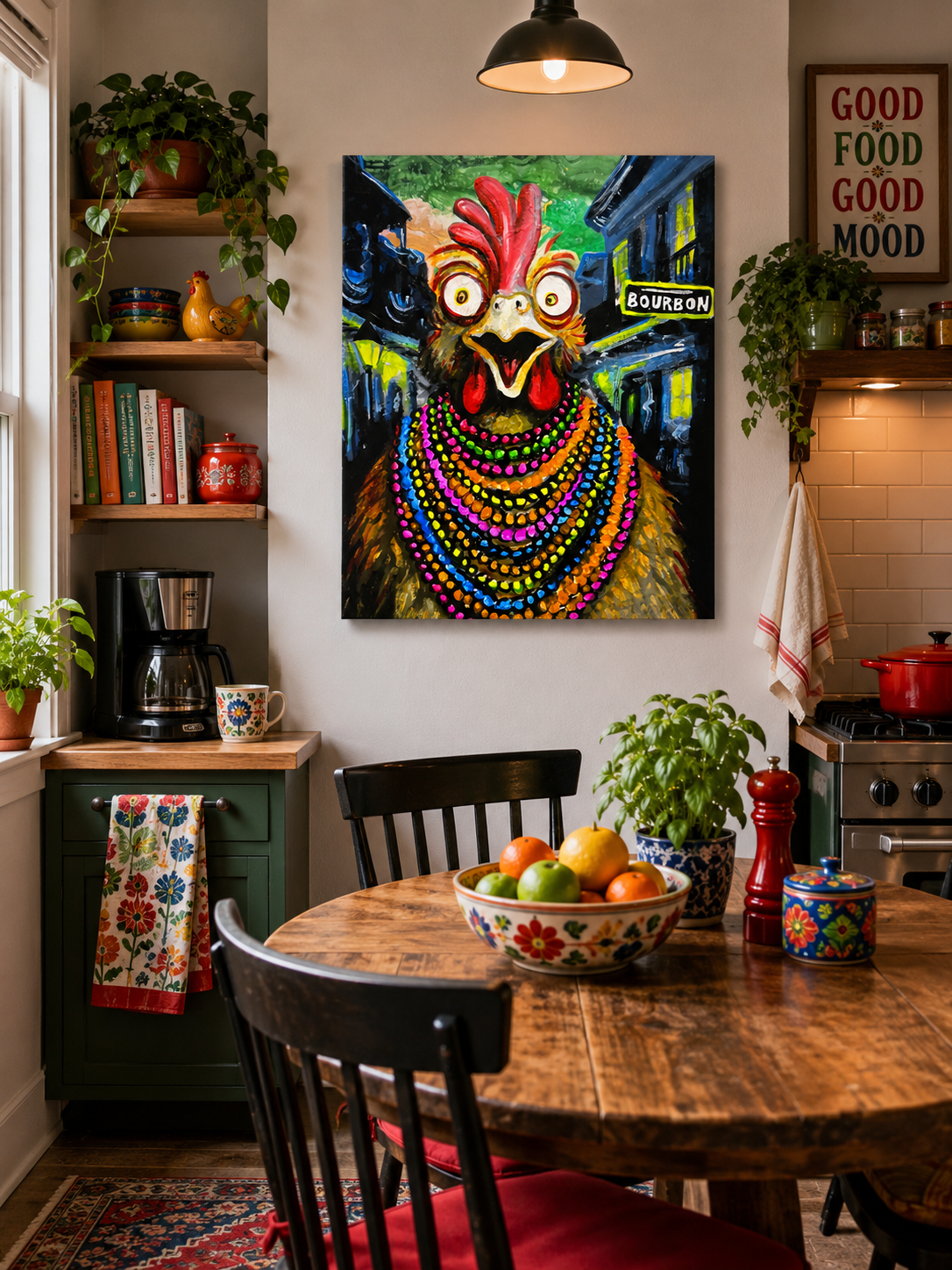 Chicken in Mardi Gras Costume by Ocean Clark shown as a canvas print, a New Orleans art piece displayed on a wall