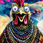 Wide Eyed Chicken in Mardi Gras Beads Print