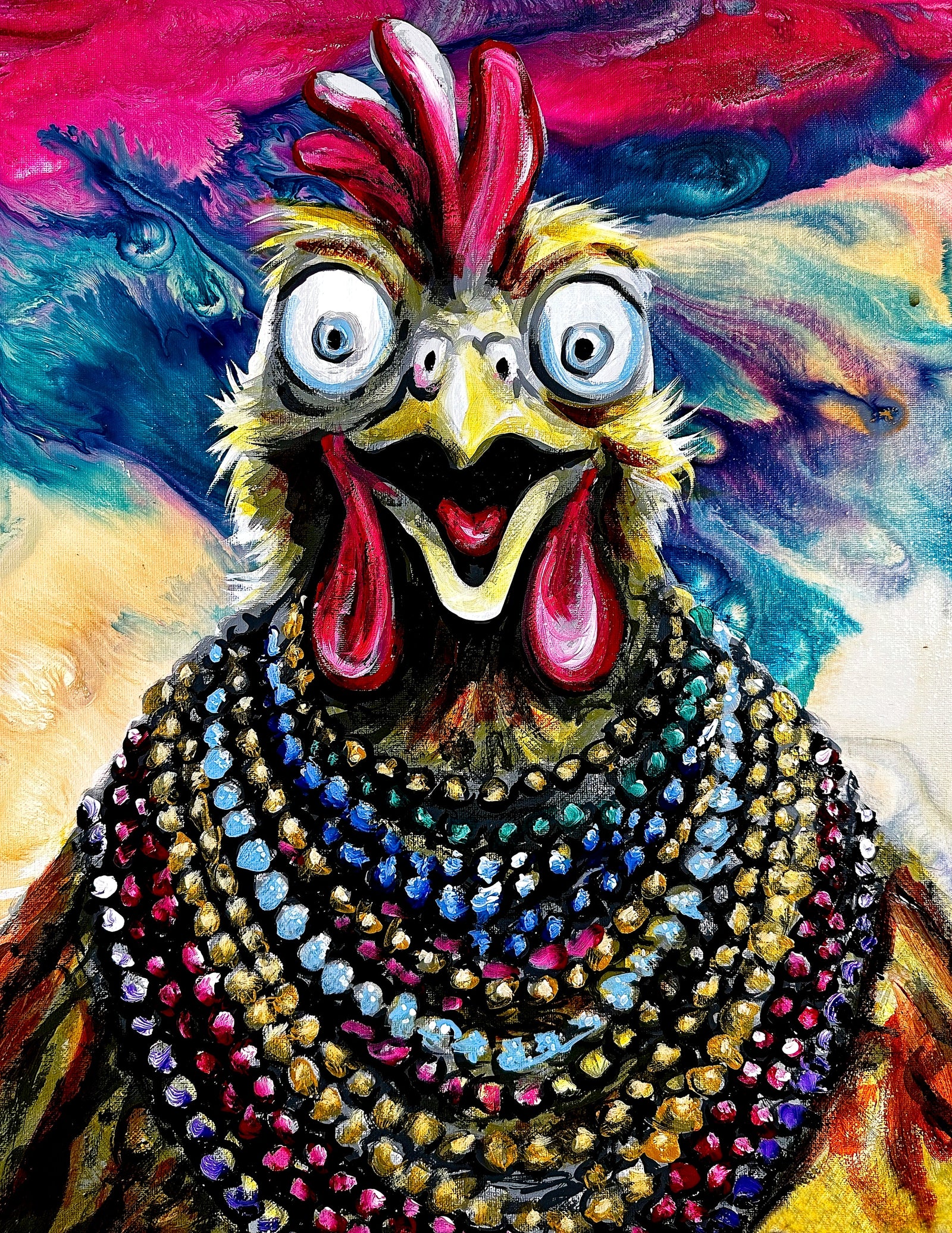 This painting shows a wide eyed chicken with an open beak, buried under thick layers of Mardi Gras beads against a swirling jewel toned background.