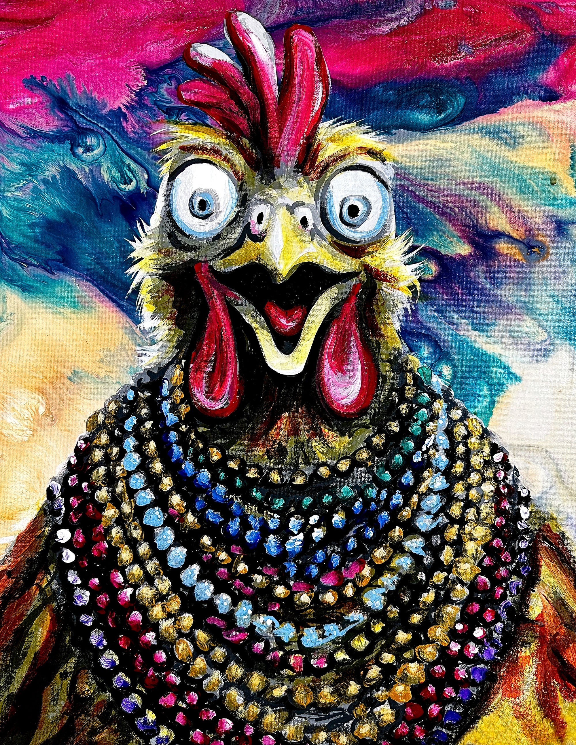 Wide Eyed Chicken in Mardi Gras Beads Print