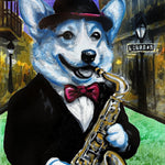 This painting features a corgi in striking blue tones, playing a smooth saxophone solo.