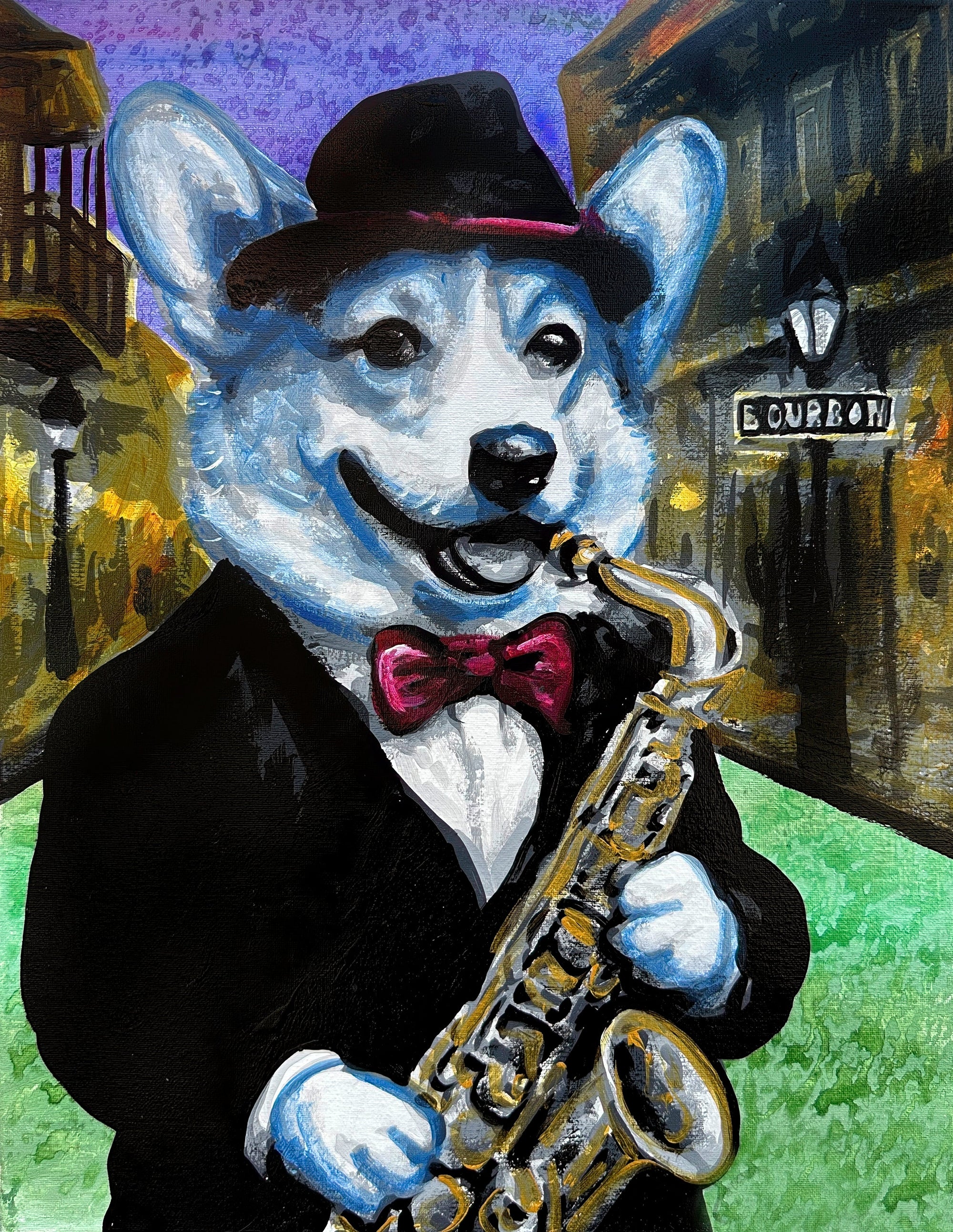 This painting features a corgi in striking blue tones, playing a smooth saxophone solo.
