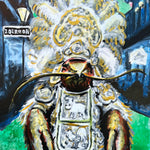 Crawfish Mardi Gras Indian, a colorful hand-painted New Orleans artwork by Ocean Clark