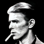 A black and white painting of David Bowie smoking a cigarette in profile