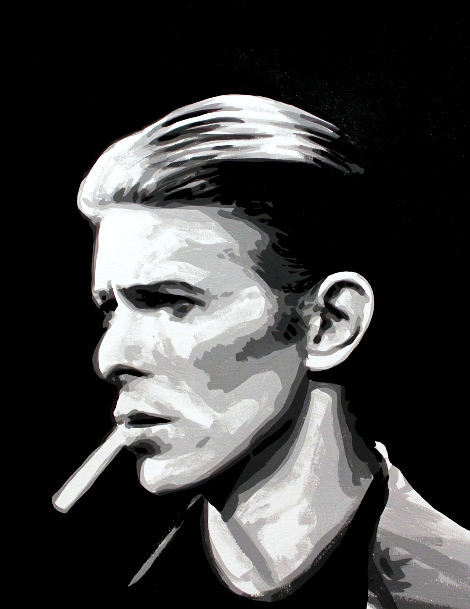 A black and white painting of David Bowie smoking a cigarette in profile