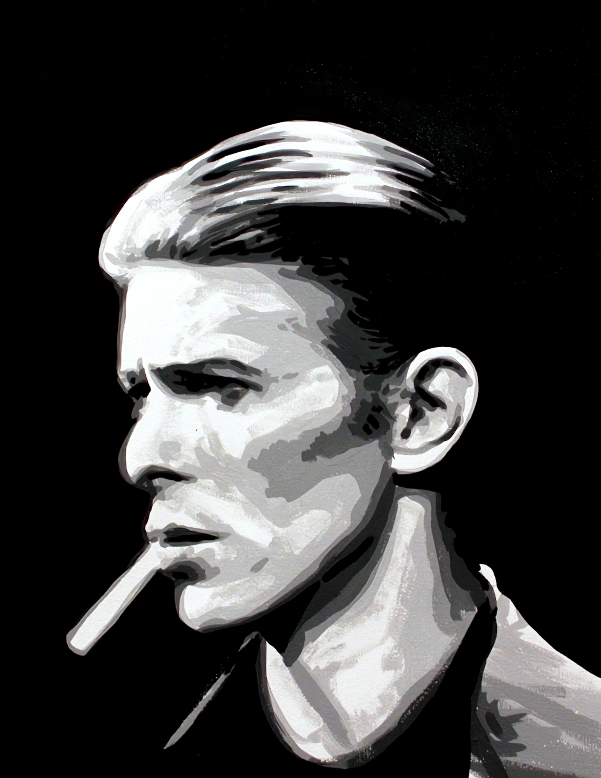 A black and white painting of David Bowie smoking a cigarette in profile