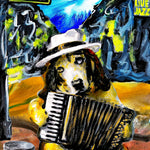A painting of a dog in a white hat playing an accordion on Bourbon Street with a Live Jazz sign nearby