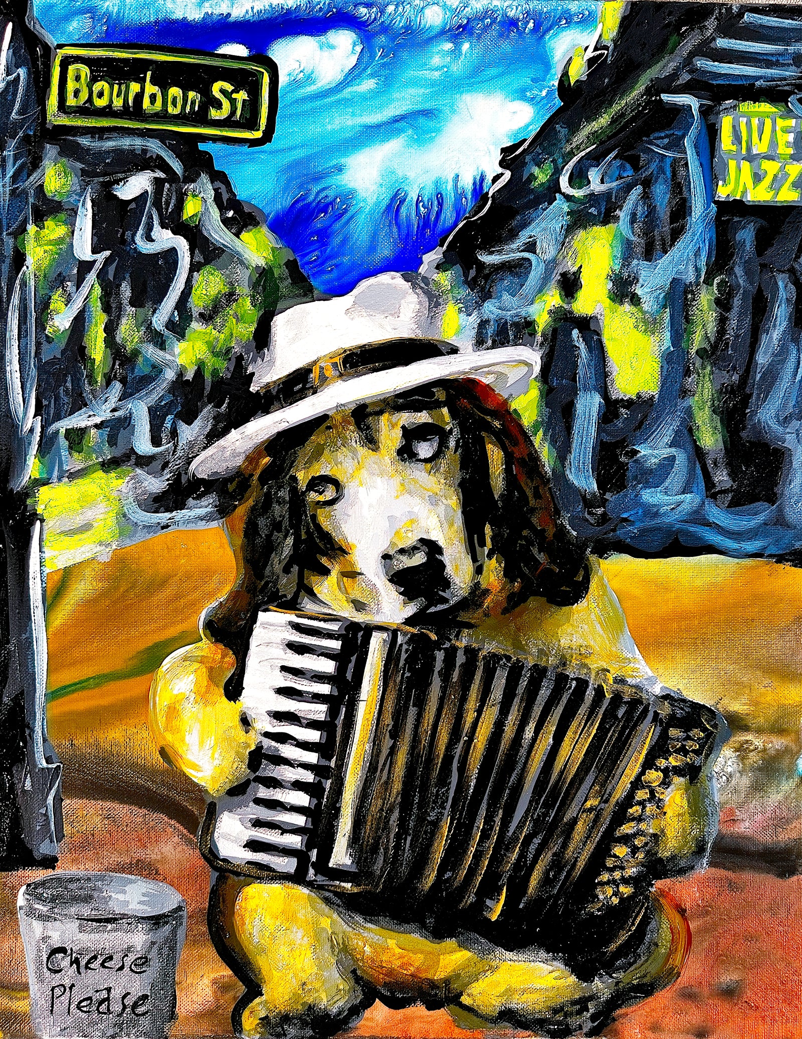 A painting of a dog in a white hat playing an accordion on Bourbon Street with a Live Jazz sign nearby