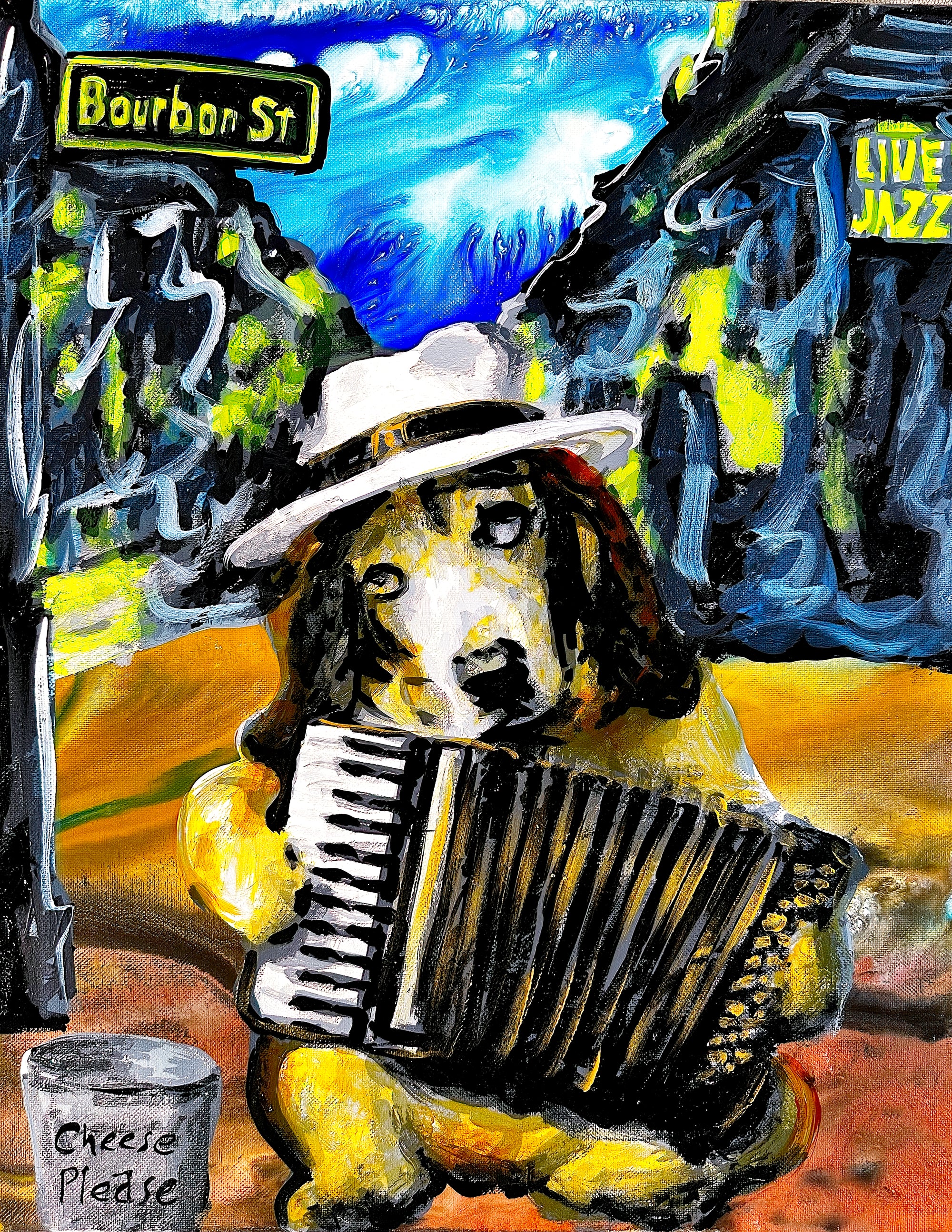 A painting of a dog in a white hat playing an accordion on Bourbon Street with a Live Jazz sign nearby