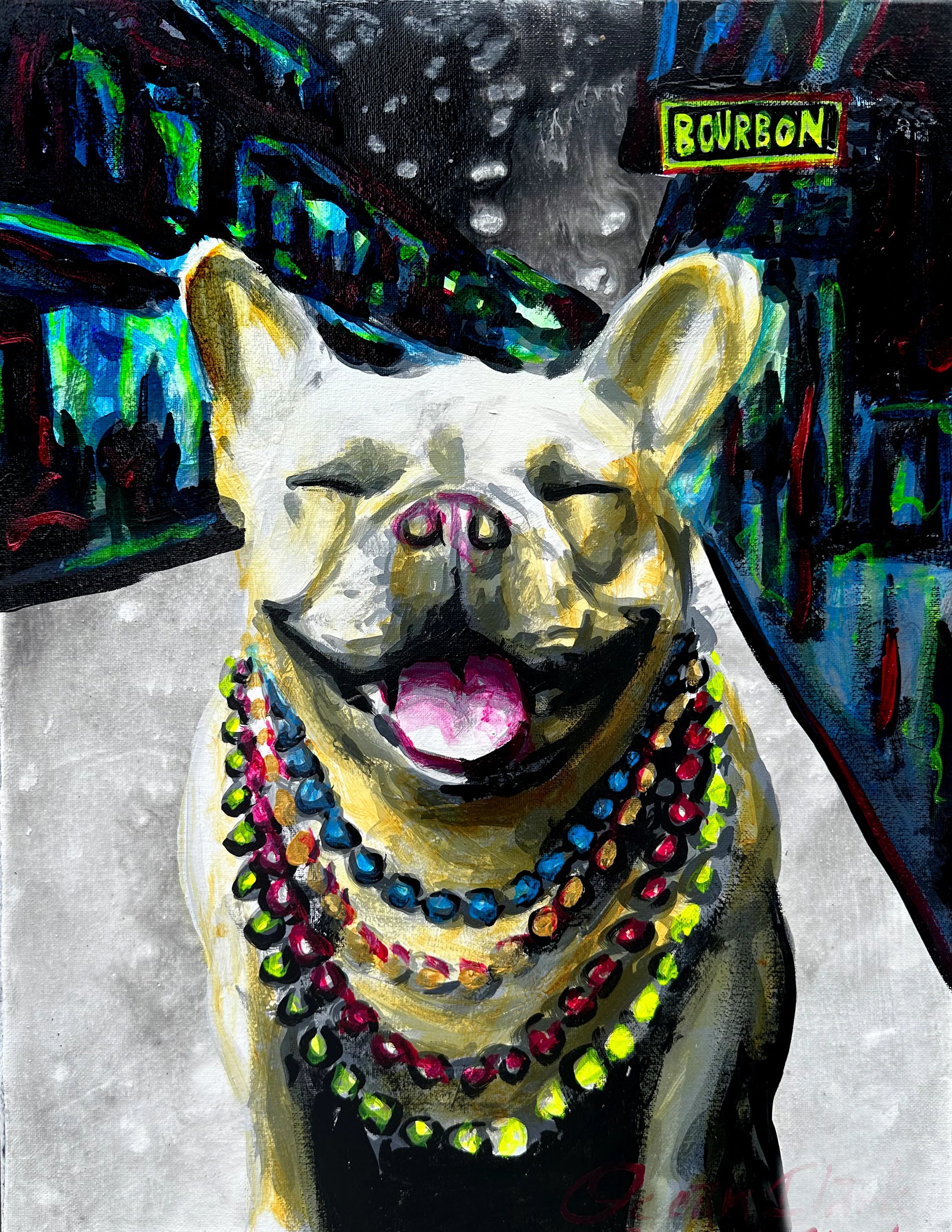 Smiling French Bulldog in Mardi Gras Beads Print