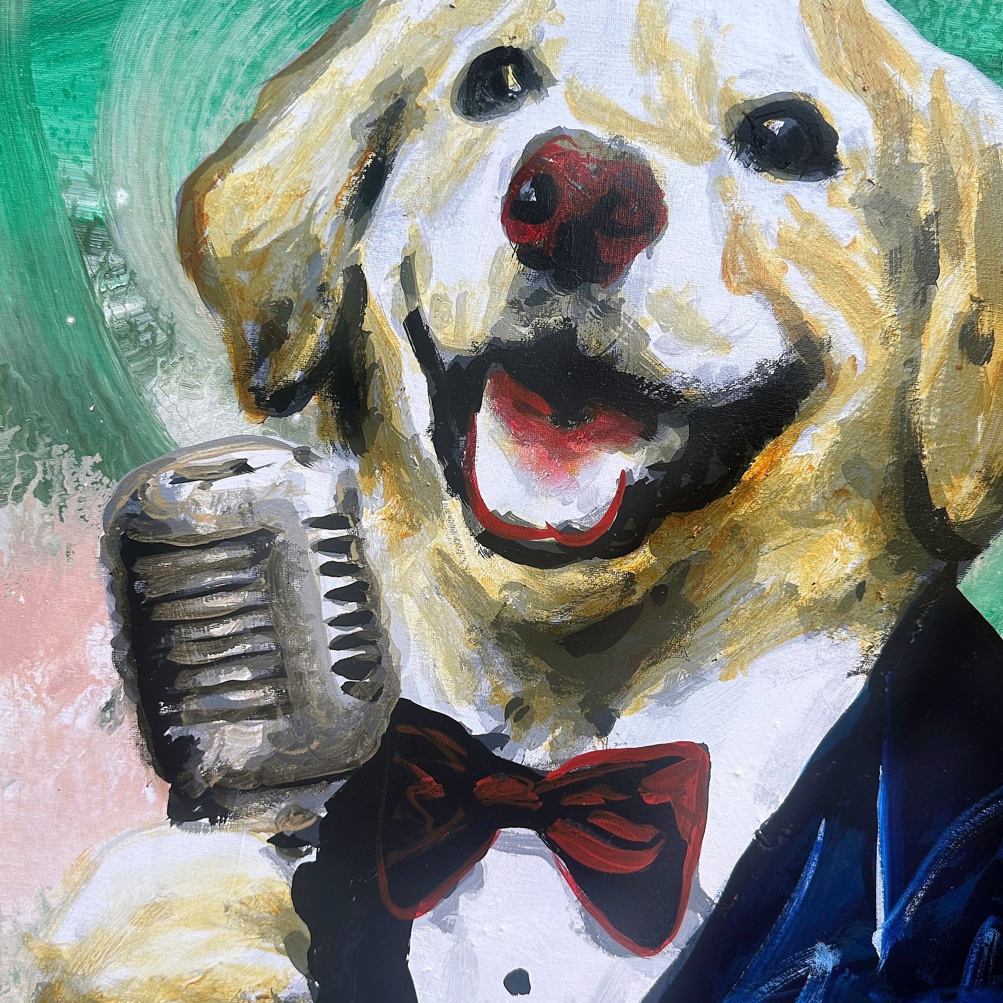 This painting captures a golden Labrador mid-song, belting out a heartfelt tune with pure joy.
