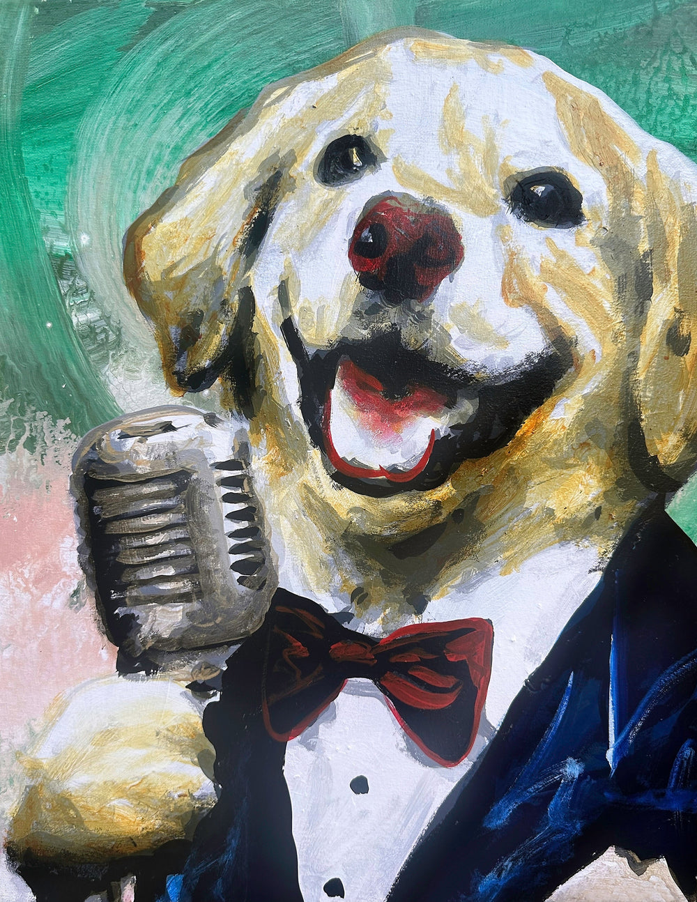 This painting captures a golden Labrador mid-song, belting out a heartfelt tune with pure joy.