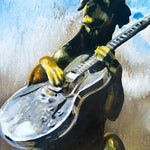 A painting of a dog wearing a red cap playing a silver resonator guitar against a bright blue sky