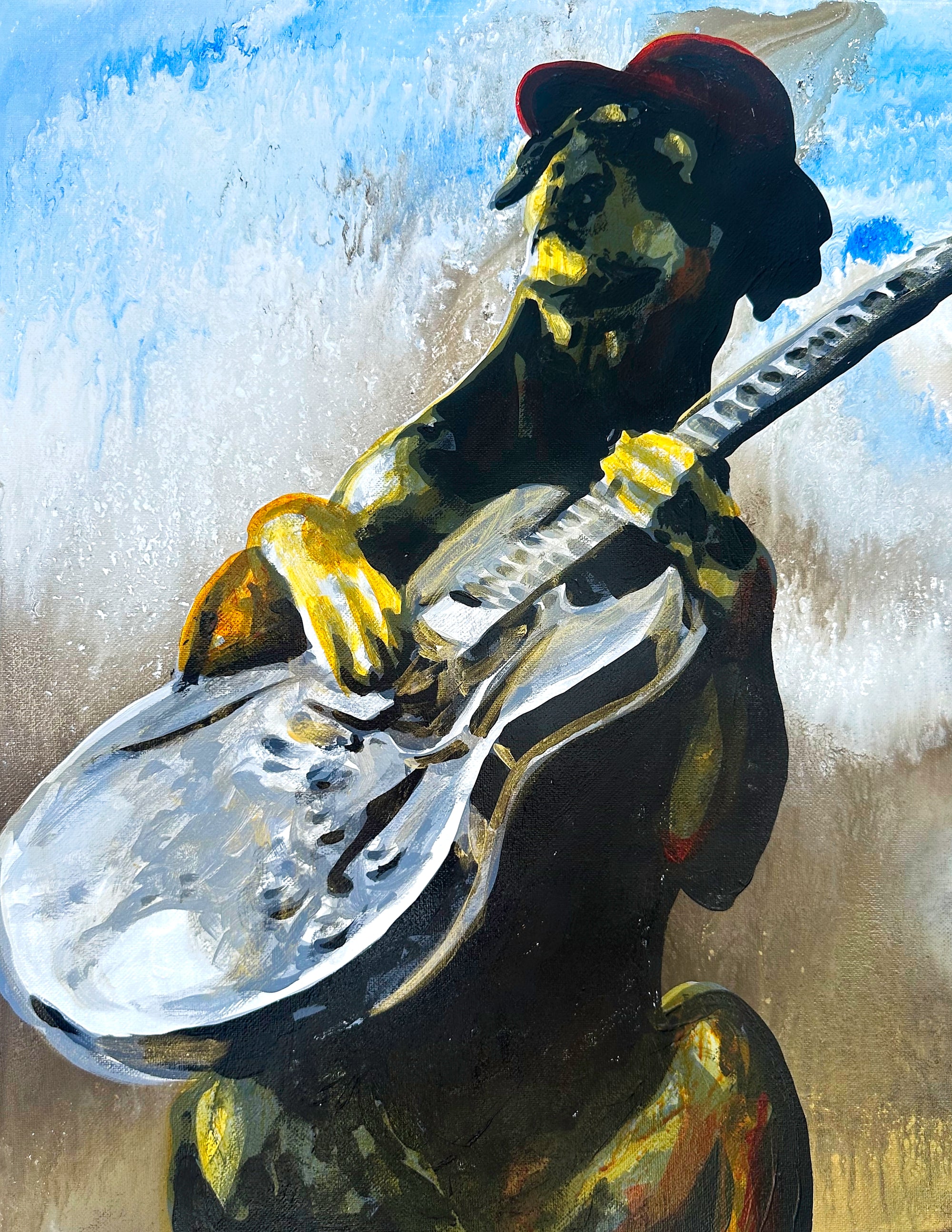 A painting of a dog wearing a red cap playing a silver resonator guitar against a bright blue sky