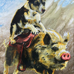 A black and white painting of a dog riding a pig fitted with a red leather saddle