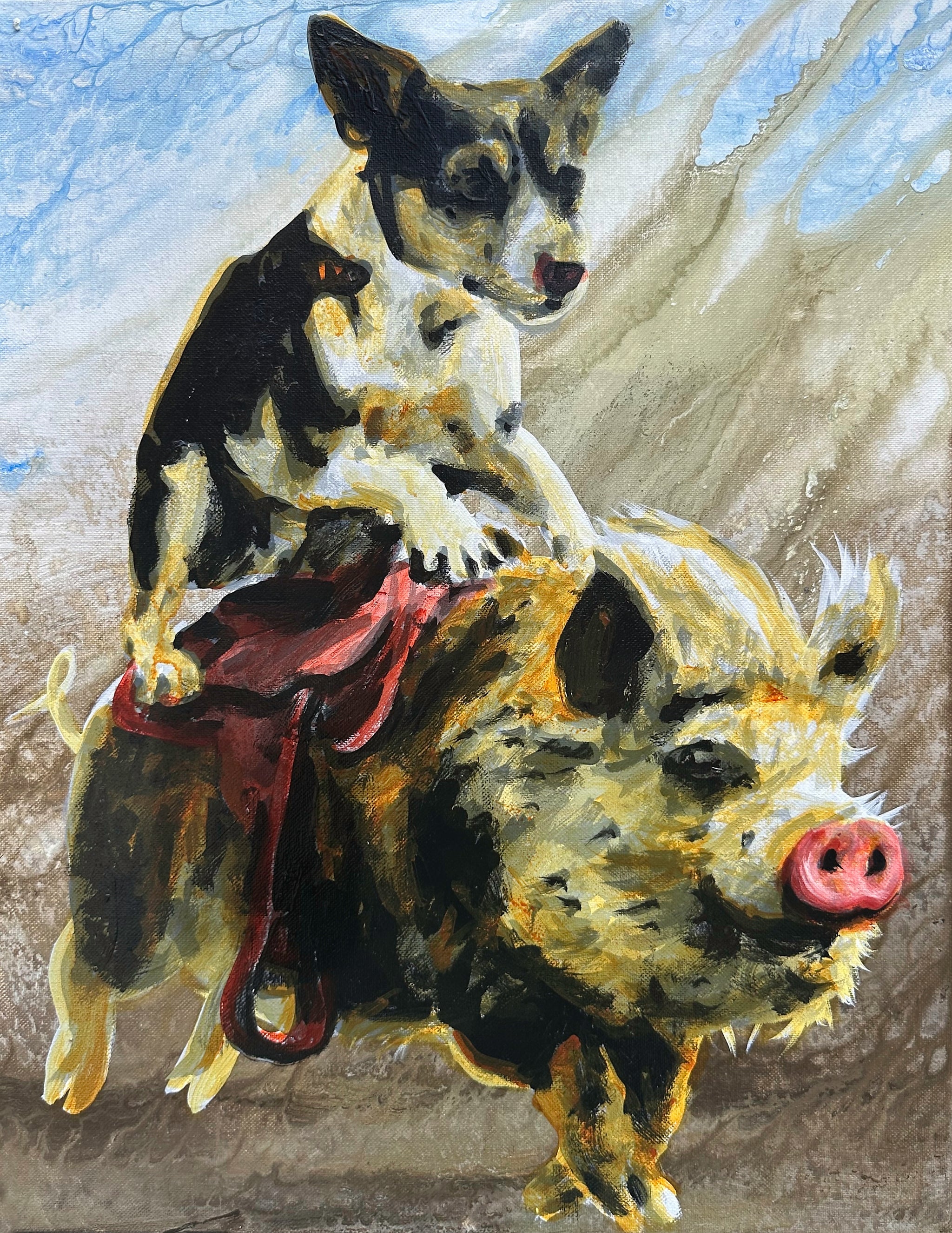 A black and white painting of a dog riding a pig fitted with a red leather saddle