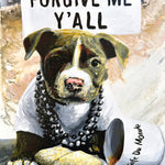 This painting shows a pitbull enjoying beignets and coffee at the famous Cafe du Monde in New Orleans.