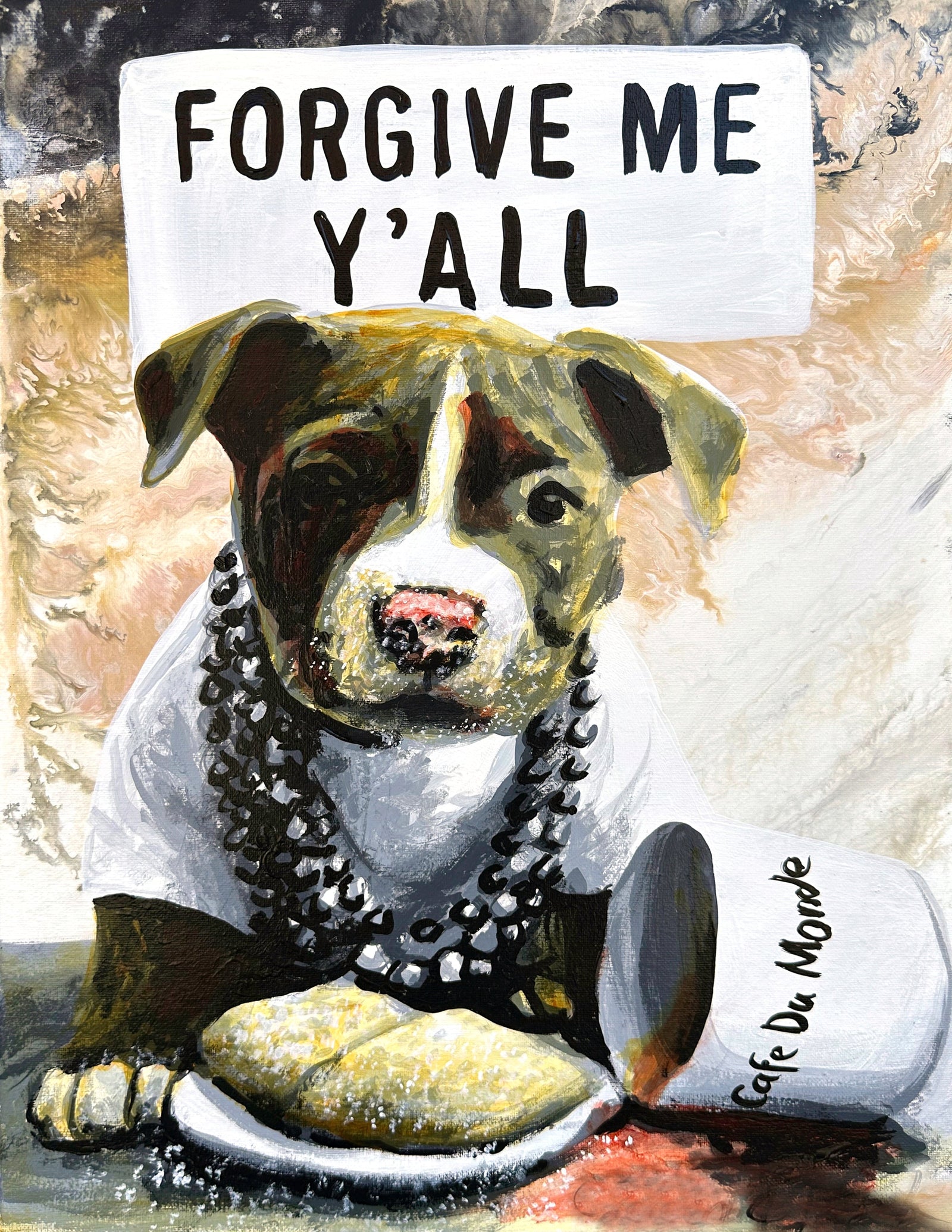 This painting shows a pitbull enjoying beignets and coffee at the famous Cafe du Monde in New Orleans.