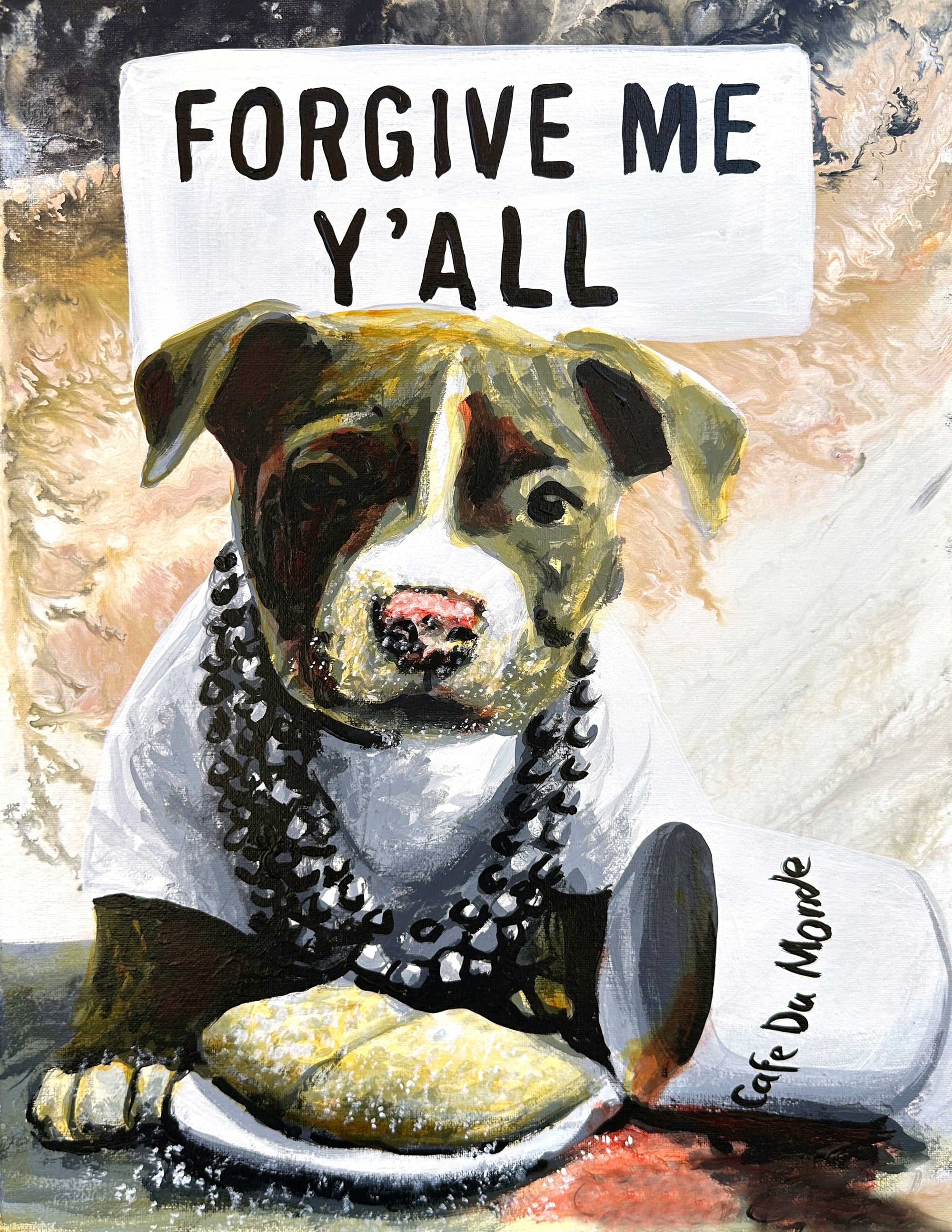 This painting shows a pitbull enjoying beignets and coffee at the famous Cafe du Monde in New Orleans.