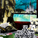 This painting gives the classic dogs playing poker scene a New Orleans twist, with a Great Dane and a French bulldog at a green felt table stacked with chips while St.