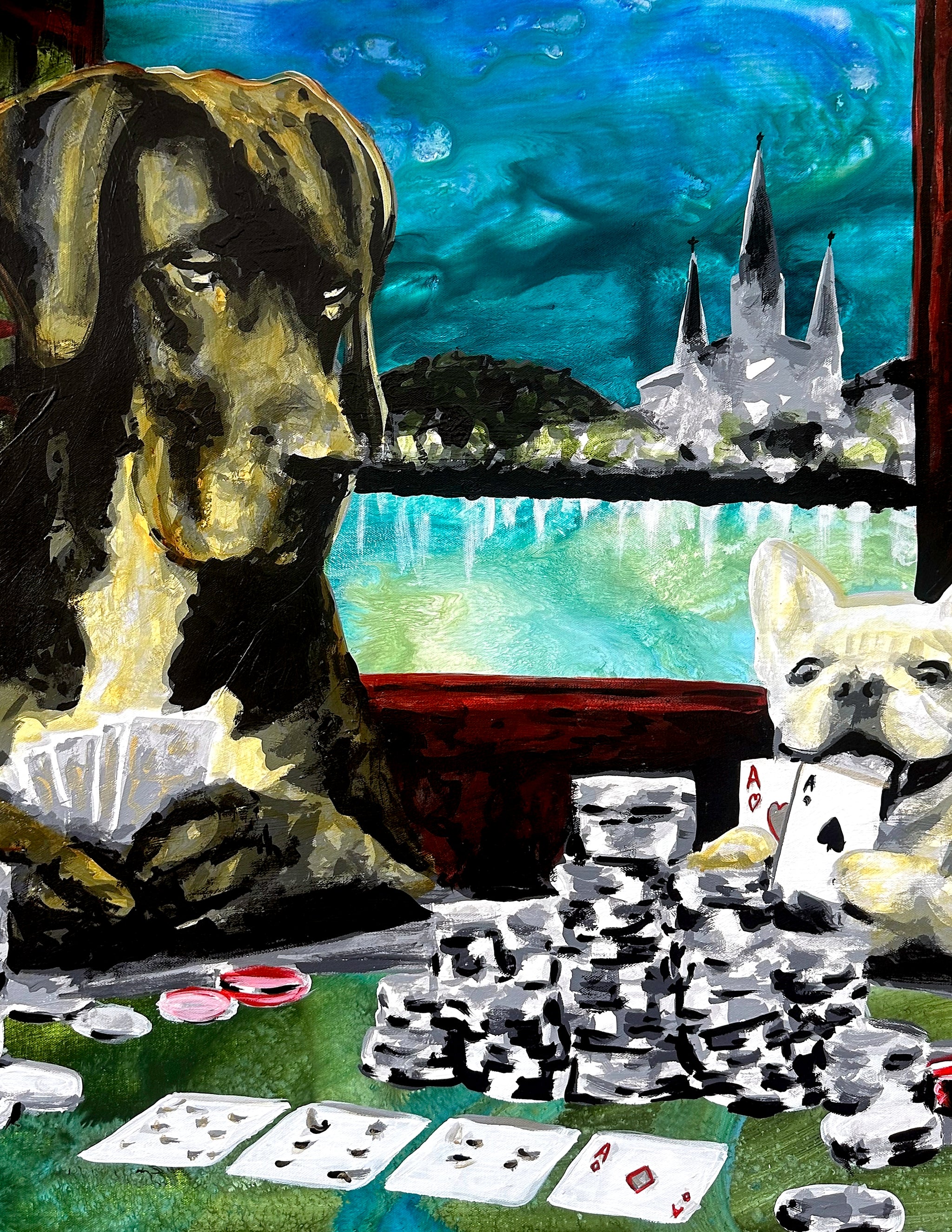 This painting gives the classic dogs playing poker scene a New Orleans twist, with a Great Dane and a French bulldog at a green felt table stacked with chips while St.