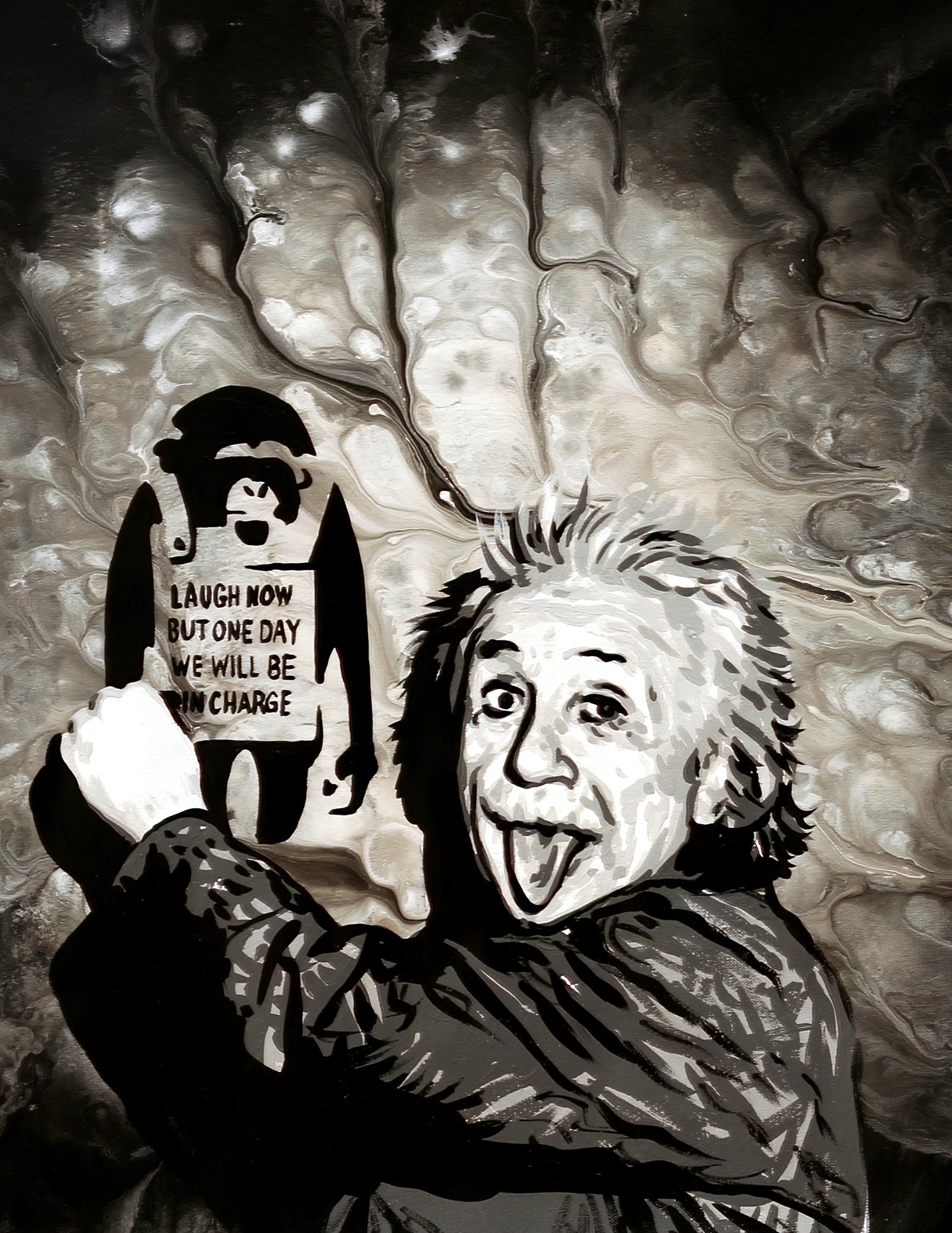 A painting of Albert Einstein sticking his tongue out beside a Banksy style graffiti sign of a monkey