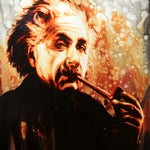 A painting of Albert Einstein smoking a pipe against an orange and fire toned marbled background